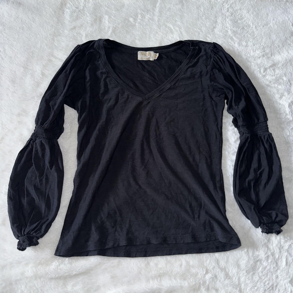 Nation LTD Shirt XS Black V Neck Long Sleeve Boho Balloon Top Cotton Capsule
